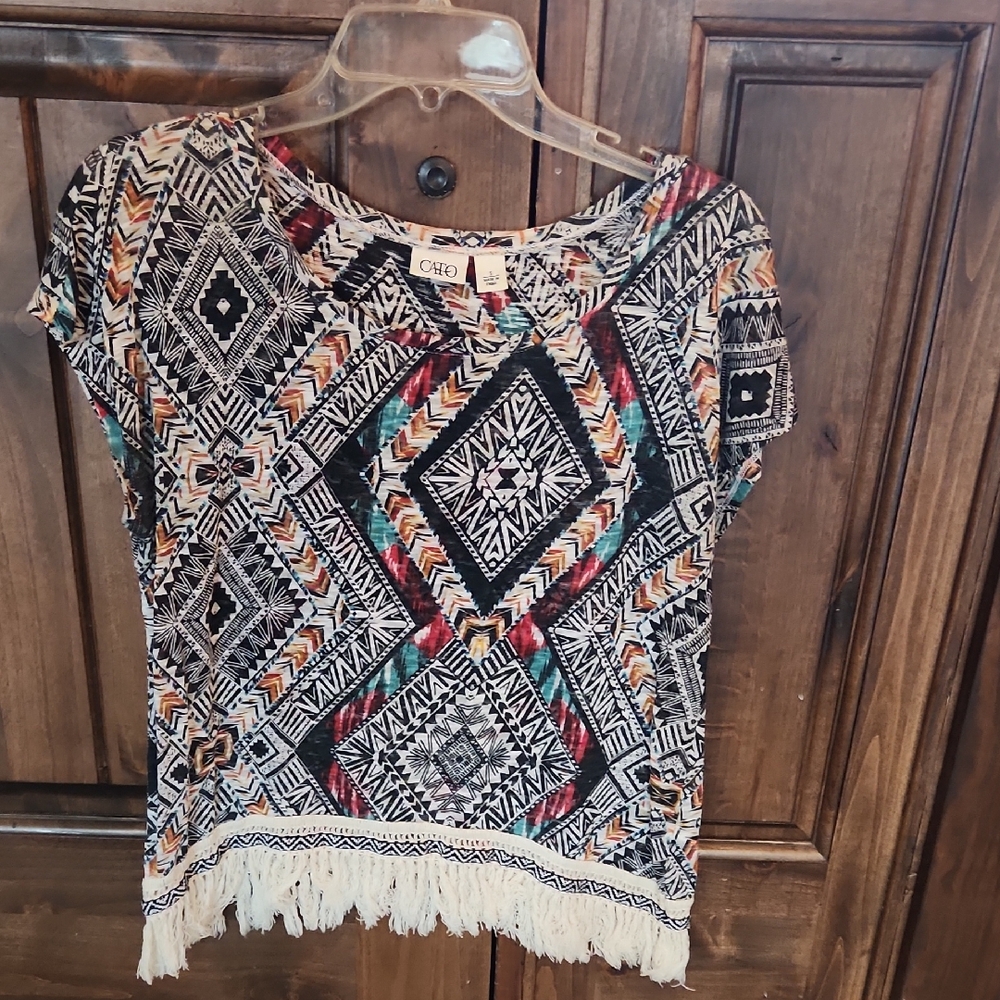 Chico's Vibrant Tribal Print Fringe Tee